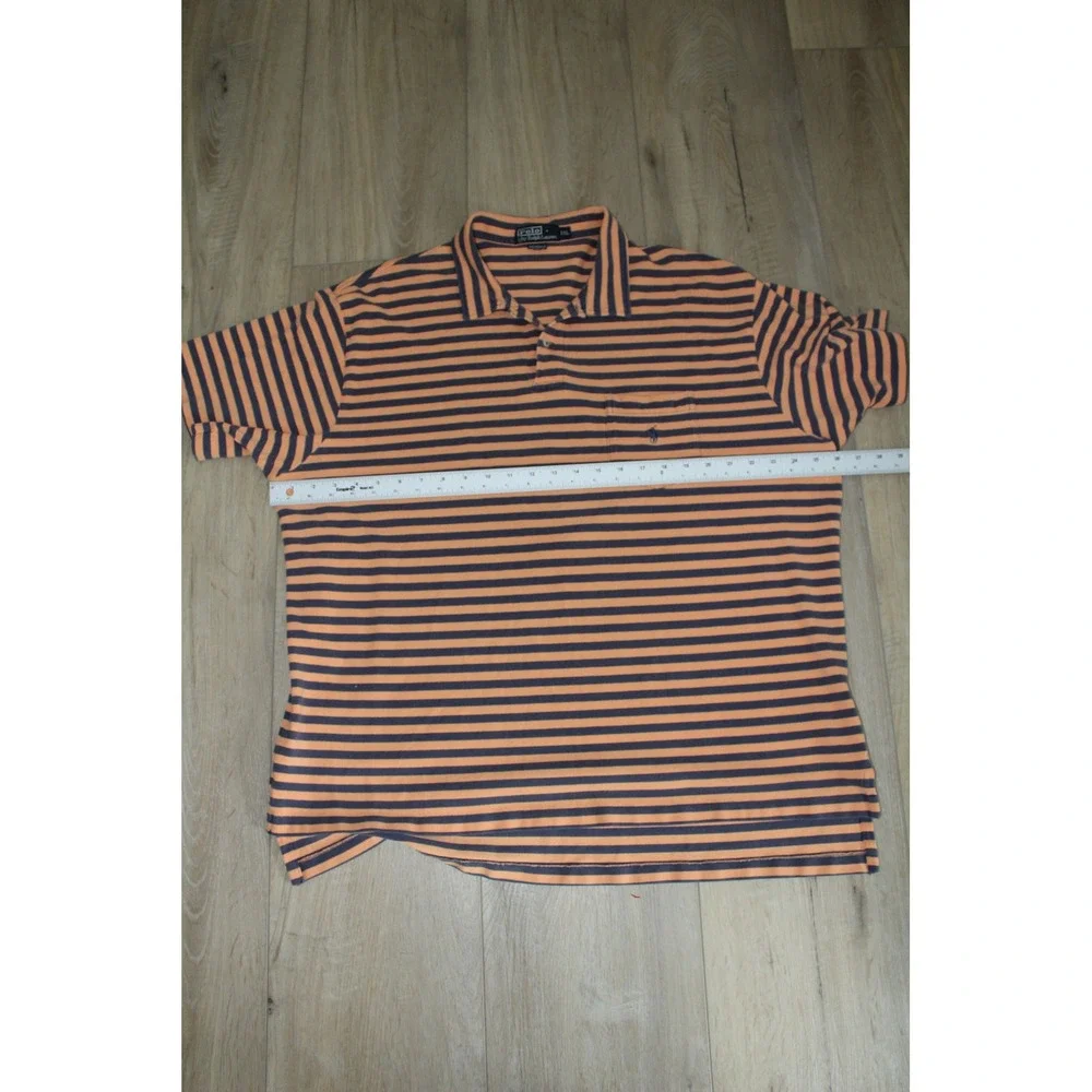 VTG Polo Ralph Lauren Mens XXL Orange Navy Blue Striped Pocket Polo Shirt Cotton